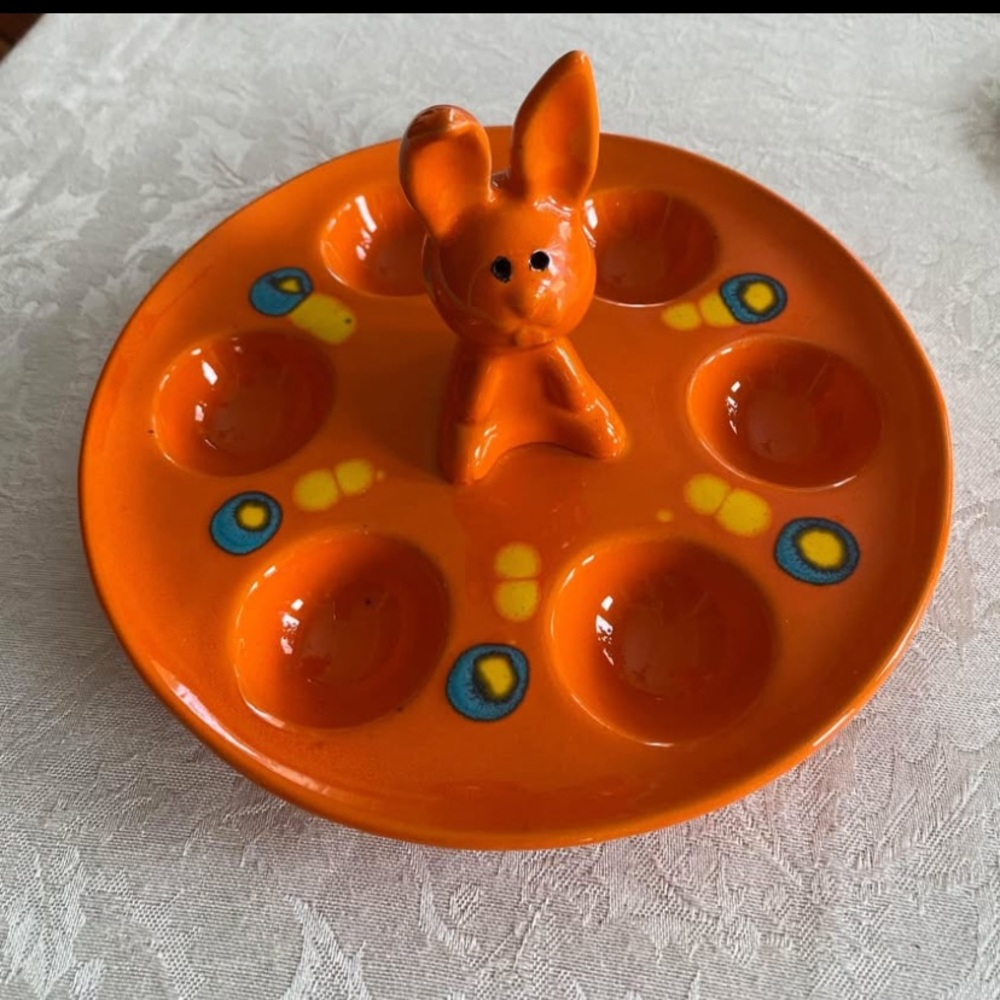 ITALY TRAY SERVEWARE EGG Ceramic DISH Bunny ORANGE HAND-PAINTED Italy